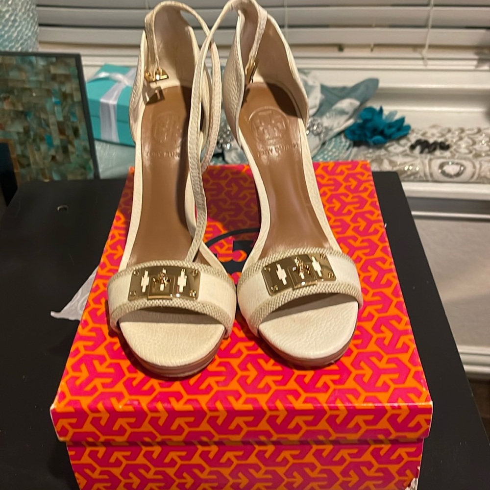 Gently Worn Natural Tory Burch High Sandal.